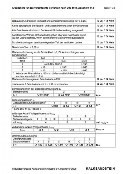Checkliste zur Anwendung des vereinfachten Verfahrens nach DIN 4149 (Erdbeben)